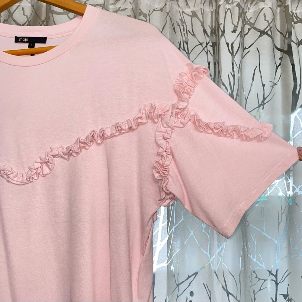 MAJE rose light pink Tournoi ruffle frill stripe detail T-shirt top - Picture 5 of 9